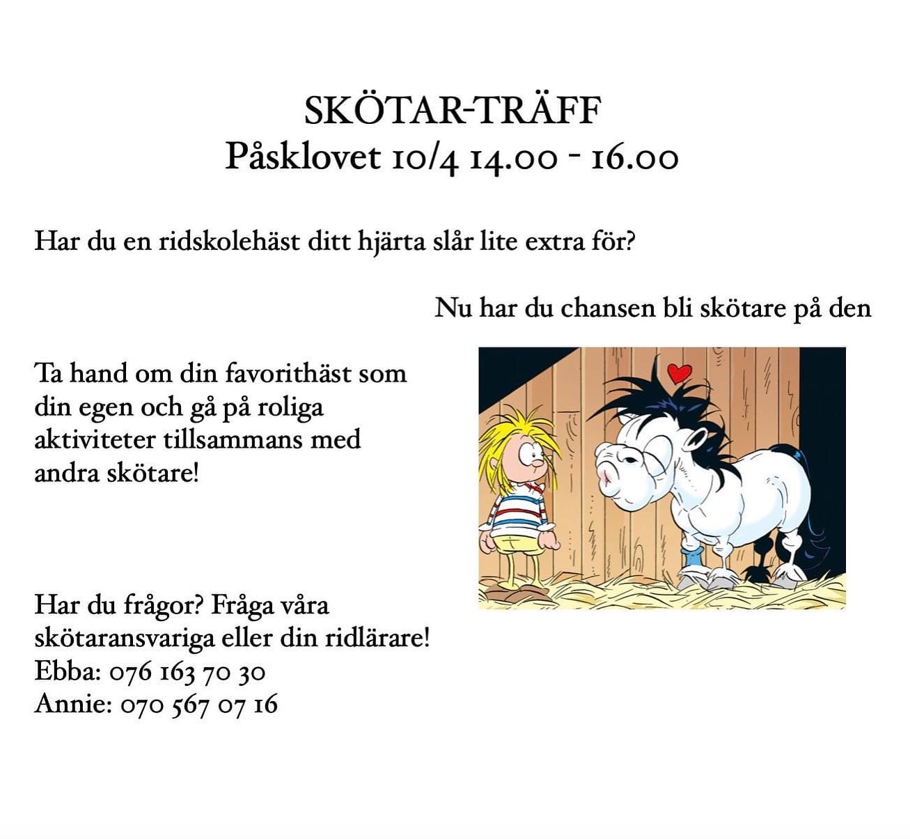 Nu drar Ungdomssektionen igång skötarsystemet igen!
Välkomna säger vi till alla som är sugna på att bli skötare på sin favorit häst/ponny! 🦄