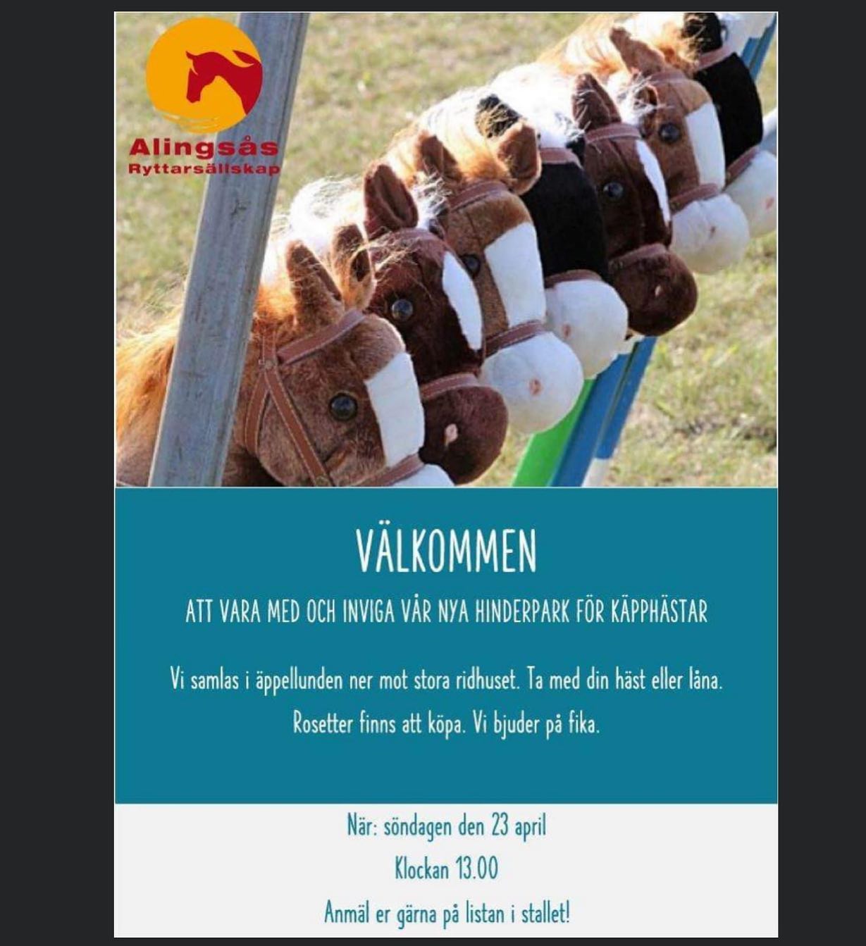 Nästa vecka är ALLA välkomna på invigning av vår nya fantastiska käpphästbana. Kom och hoppa en clear round, köp en rosett eller bara umgås 🌟 Anmälan kommer upp i stallet idag. 🐴