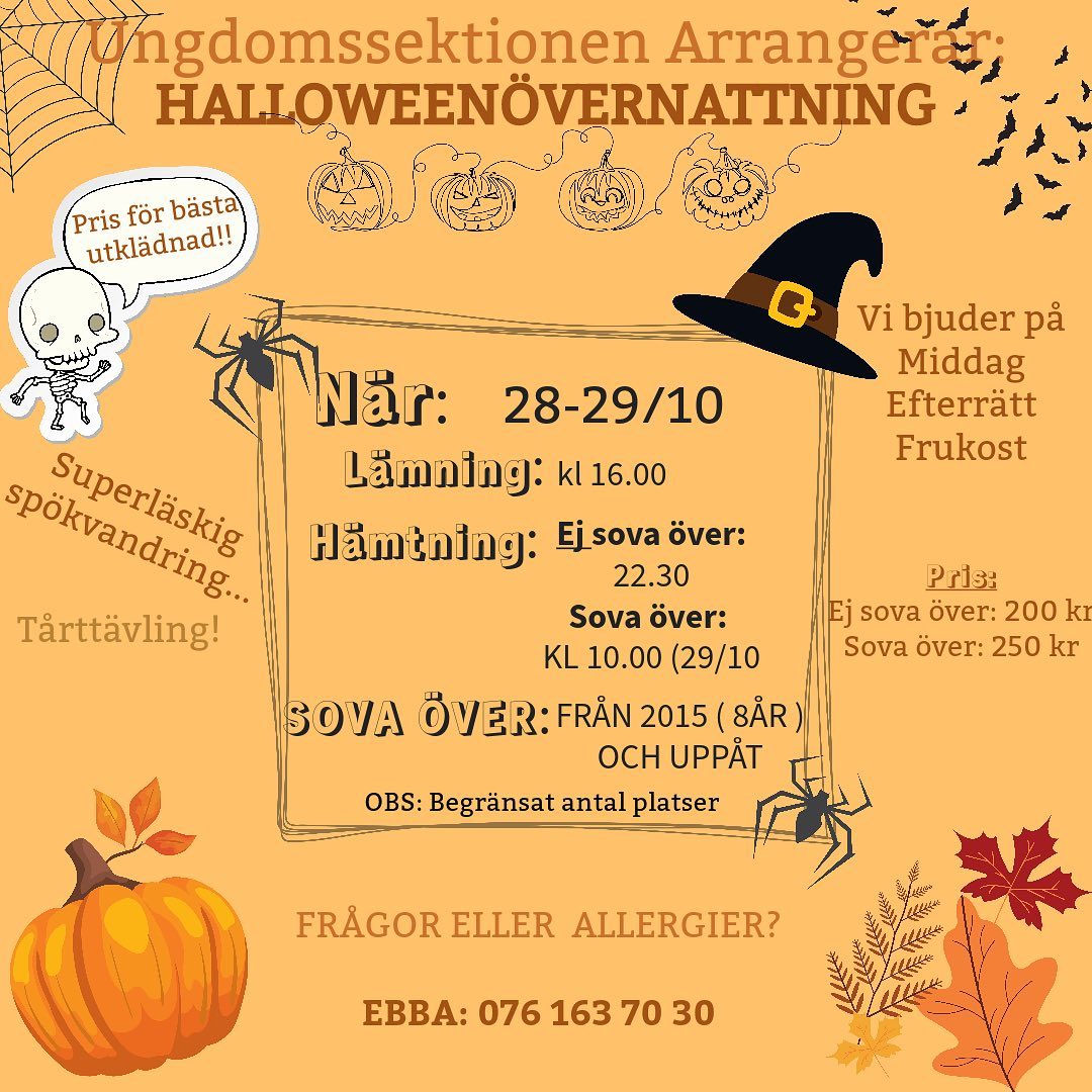 Nu är det dags för den årliga halloweenövernattningen!🎃👻
Anmälan sker via hemsidan och öppnar fredagen 29/9 15.00
OBS begränsat antal platser🎃